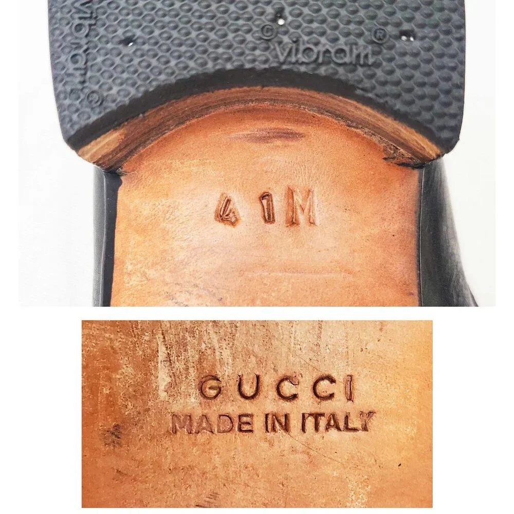 Vintage Gucci  Men’s Black Leather Gold Horsebit Loafers Shoes Green Red 41 M